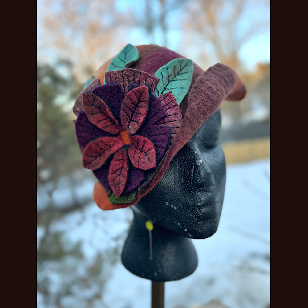Felted mini cloche hat with flower 22” small
