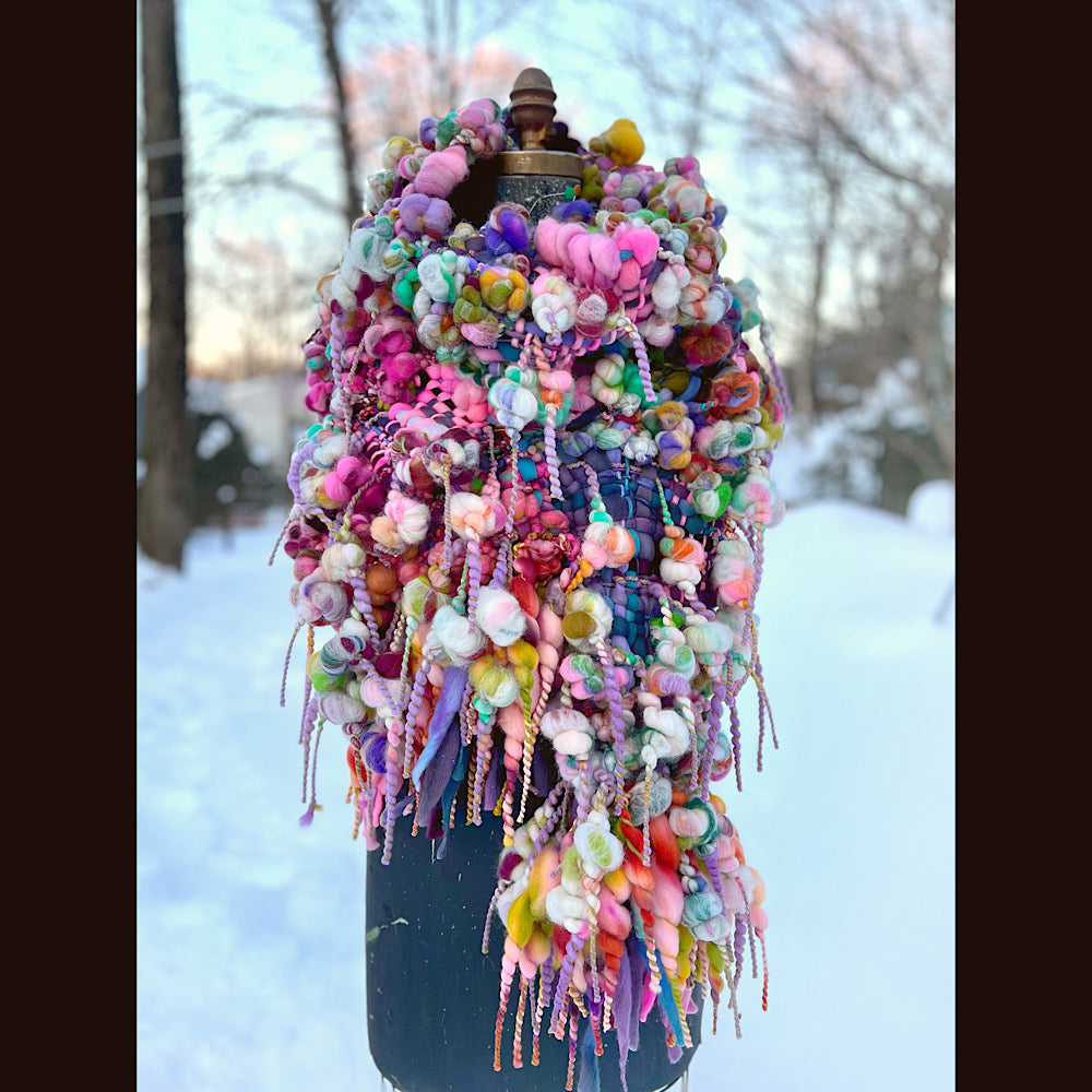 Frosted primroses woven art yarn Scarf 102” X 8” 1.6 pound!