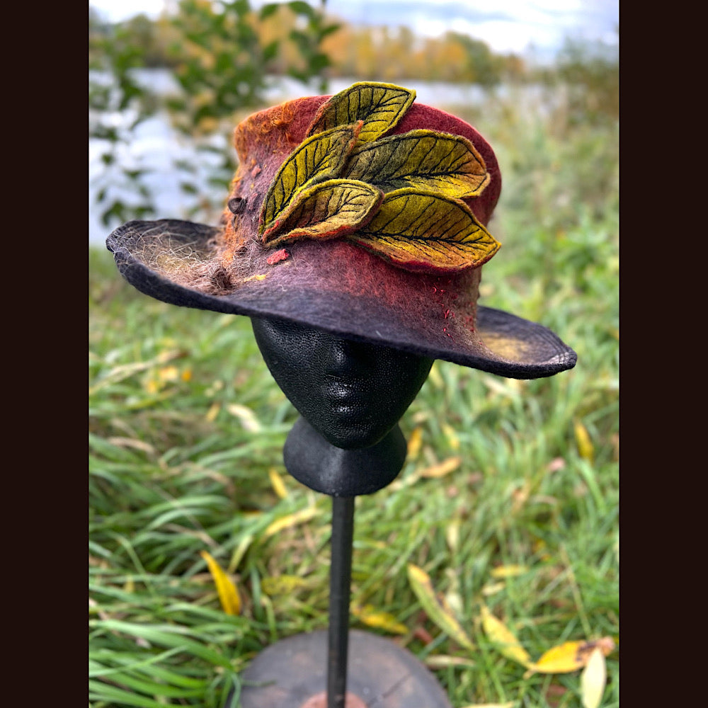 Felted top hat with leaves 23.5” medium