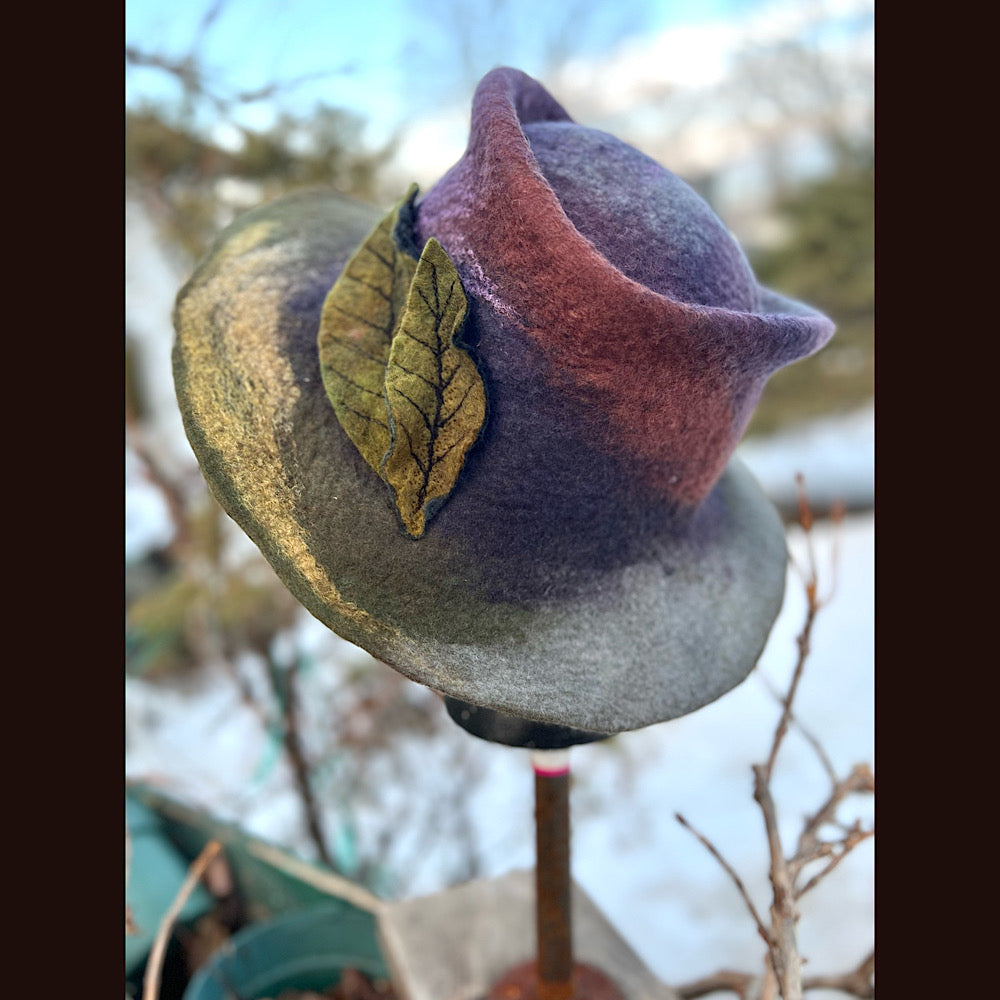 Felted top hat with leaves 23” 1/2 medium