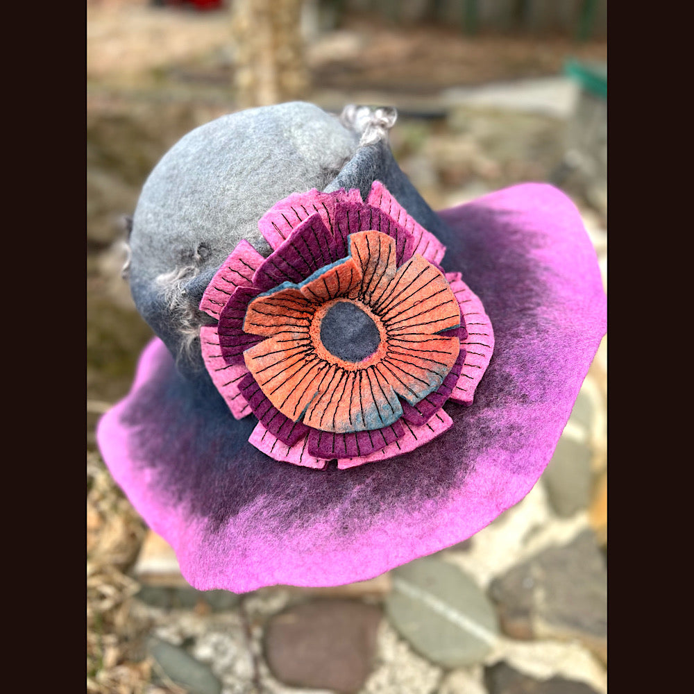 Felted top hat with rose 23” 1/2 medium