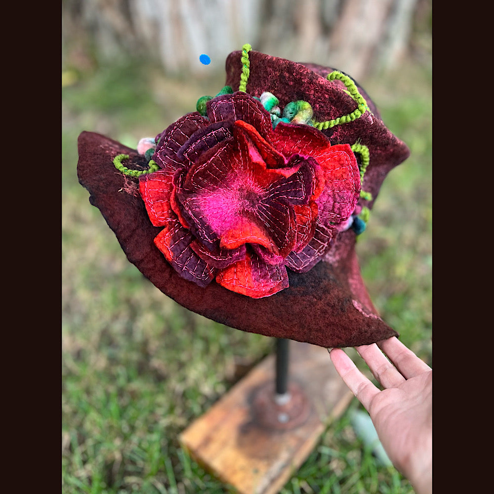 Felted top hat with rose 24” medium large