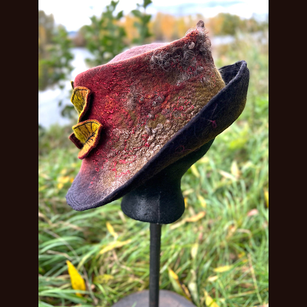 Felted top hat with leaves 23.5” medium