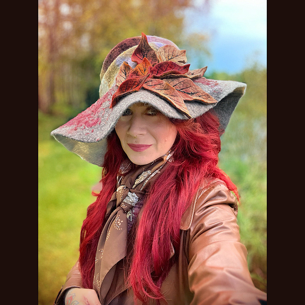 Felted top hat with leaves 24” medium large