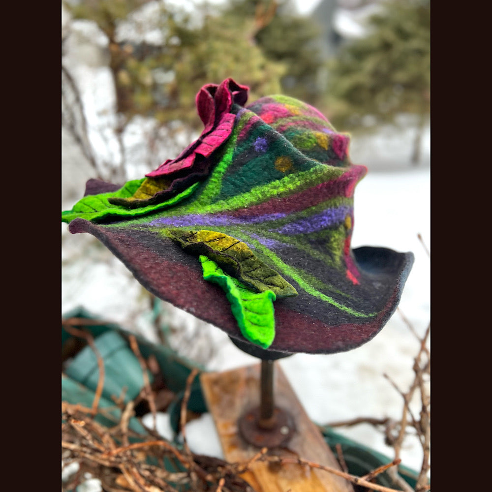 Felted top hat with rose 23” medium