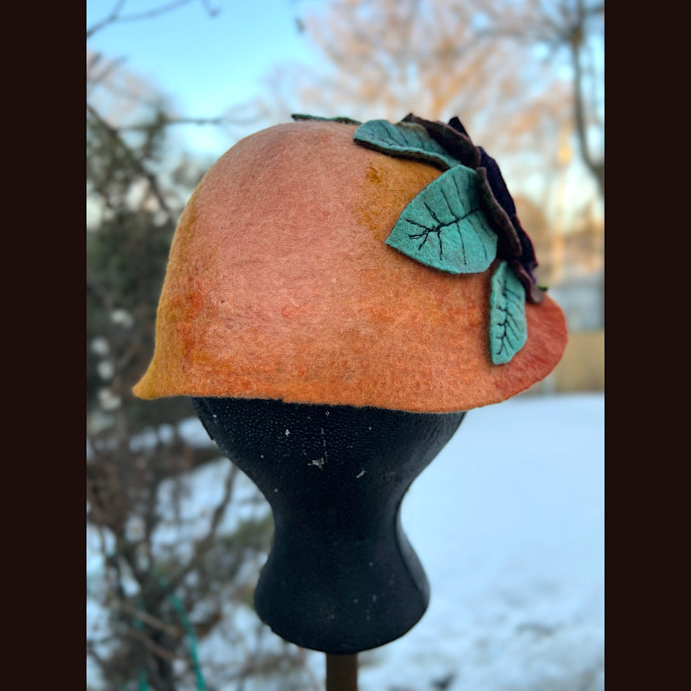 Felted mini cloche hat with flower 22” small