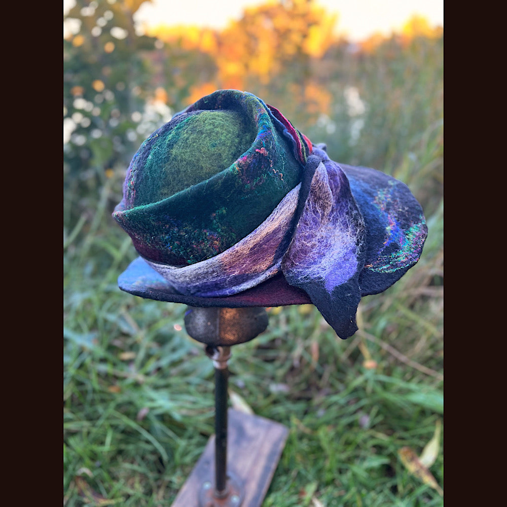 Felted top hat with leaves 23.5” medium