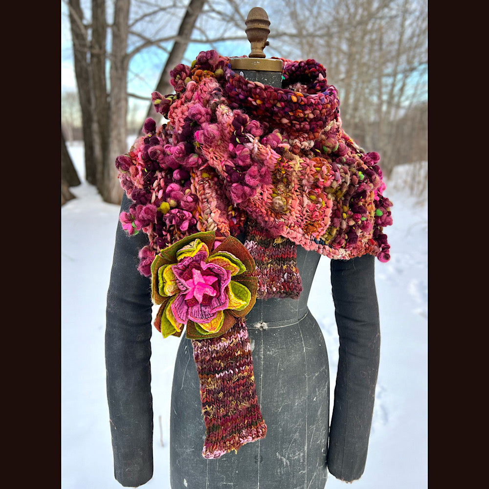 Knitted scarf made of hand spun yarn Flower included 84” X 14”
