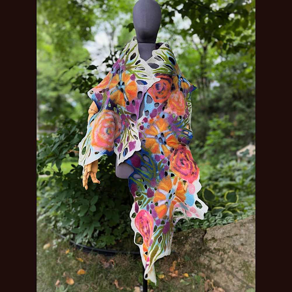 OOAK Handmade wool Felted Scarf 90” X 16” Original art work