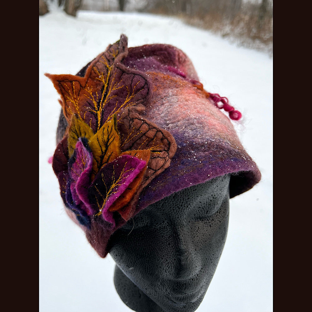 Felted toque hat with rose 23.5” medium