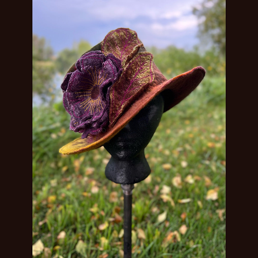 Felted top hat with rose 23.5” medium