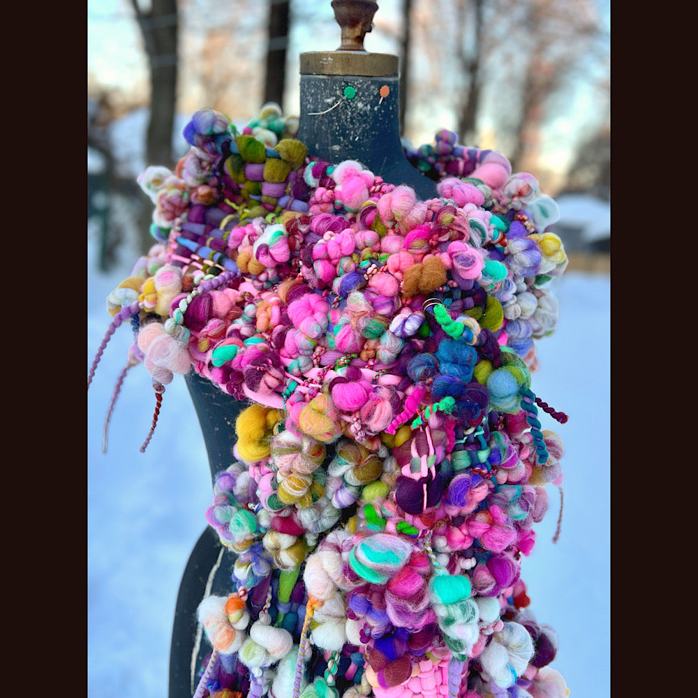 Frosted primroses woven art yarn Scarf 102” X 8” 1.6 pound!