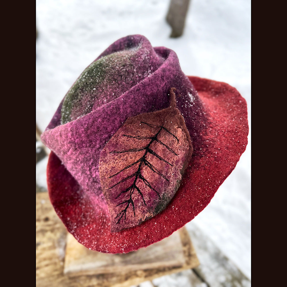 Felted top hat with leaf 23”