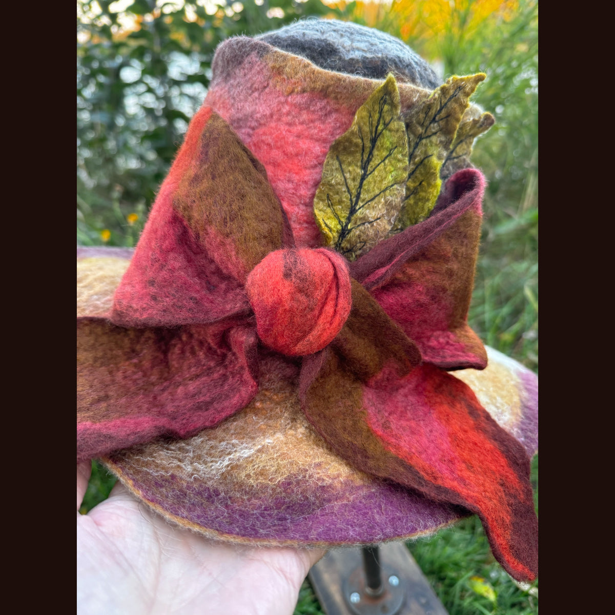 Felted top hat with leaves 23 3/4” medium