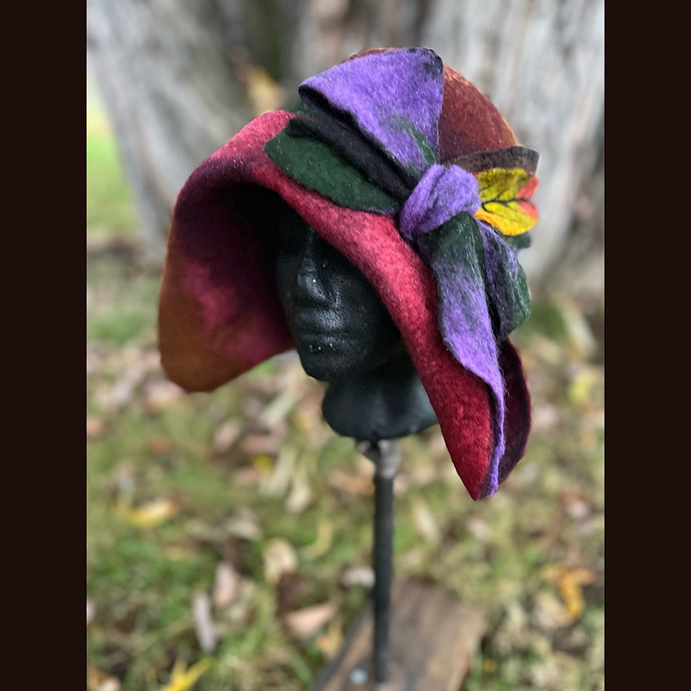 Felted cloche hat with leaves and bow 24” medium large