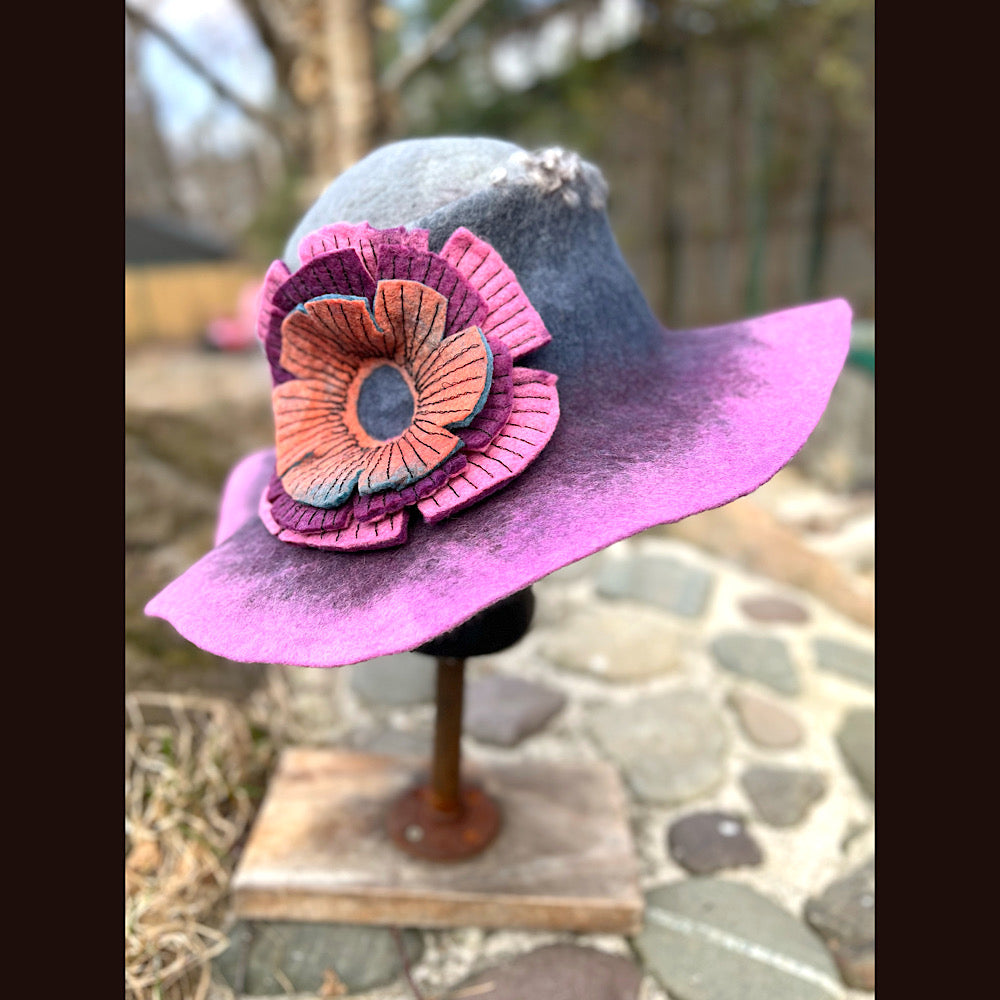 Felted top hat with rose 23” 1/2 medium