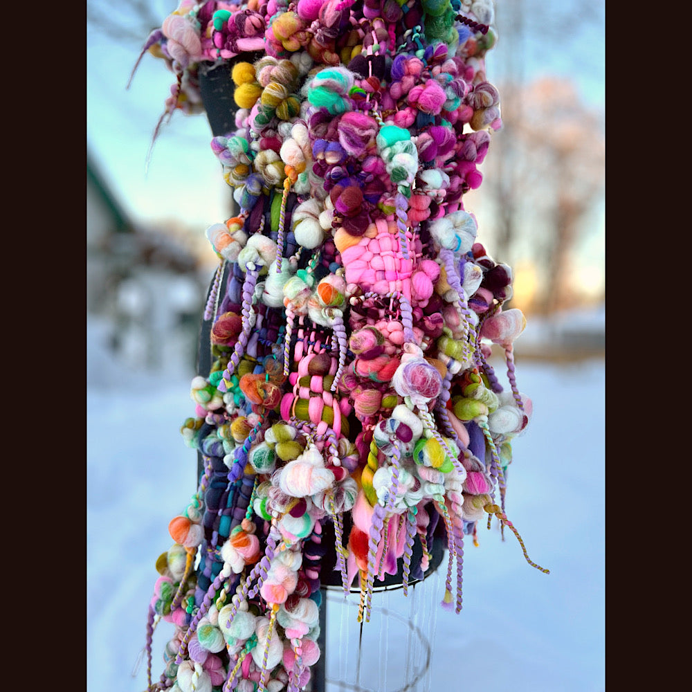 Frosted primroses woven art yarn Scarf 102” X 8” 1.6 pound!