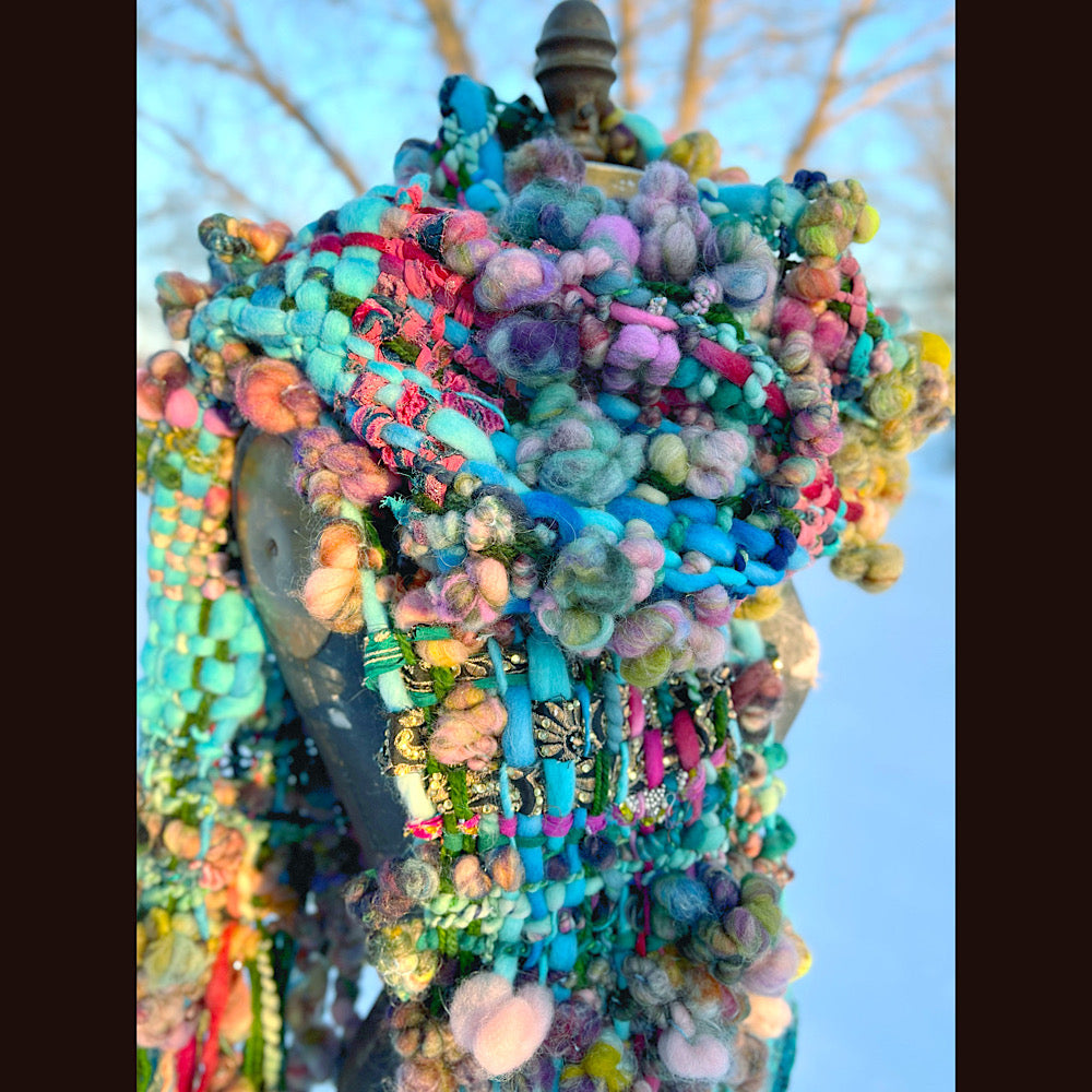 Woven scarf made of hand spun yarn 84” X 10”