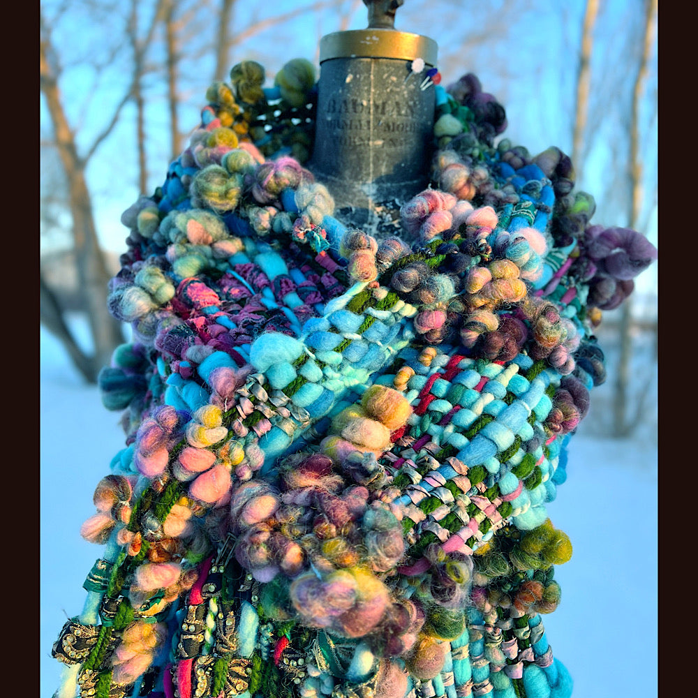 Woven scarf made of hand spun yarn 84” X 10”