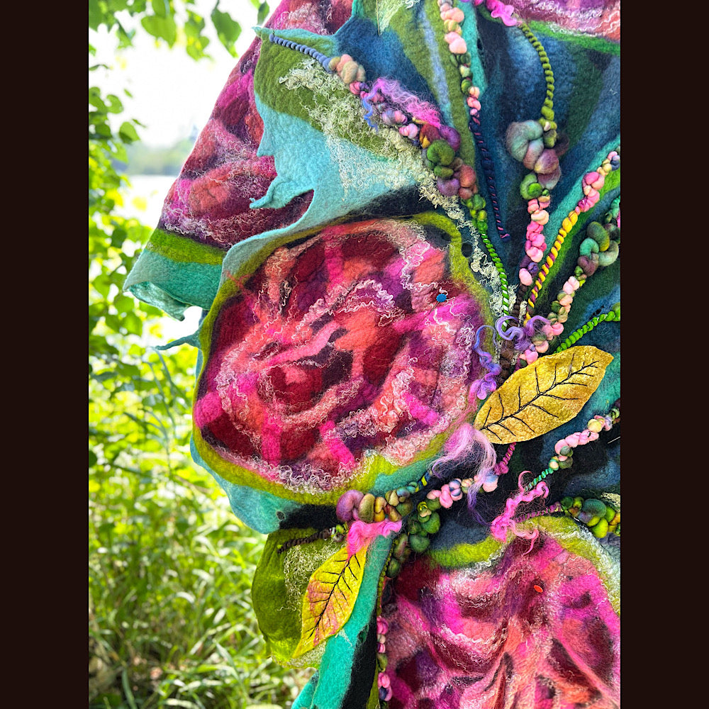 Wild Roses Large Felted Shawl 80” X 30”