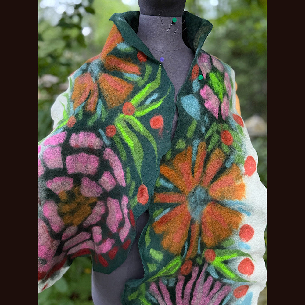 OOAK Handmade wool Felted Scarf 76” X 14”Original art work