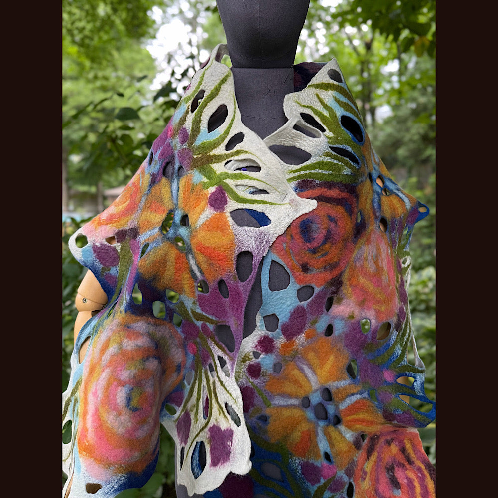 OOAK Handmade wool Felted Scarf 90” X 16” Original art work
