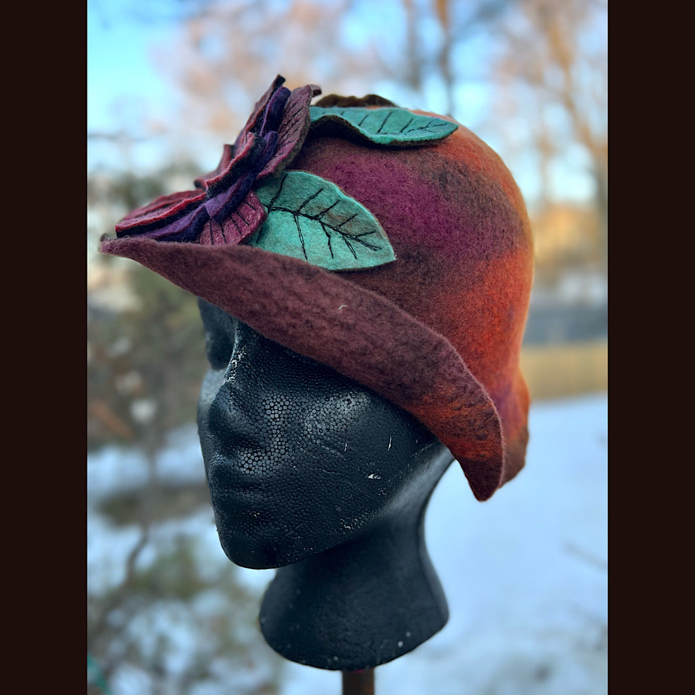 Felted mini cloche hat with flower 22” small