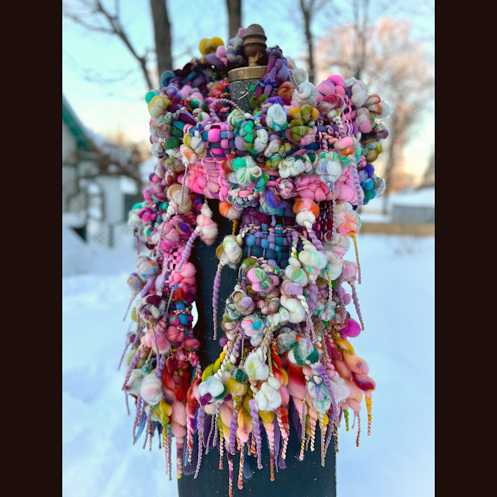 Frosted primroses woven art yarn Scarf 102” X 8” 1.6 pound!