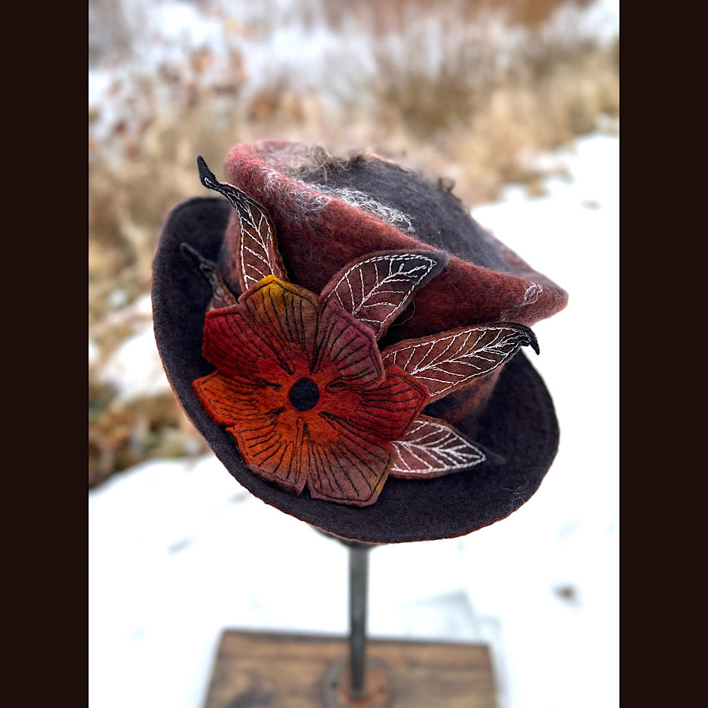 Felted top hat with rose 23” medium