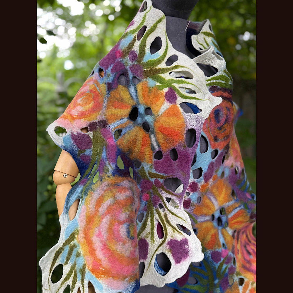 OOAK Handmade wool Felted Scarf 90” X 16” Original art work