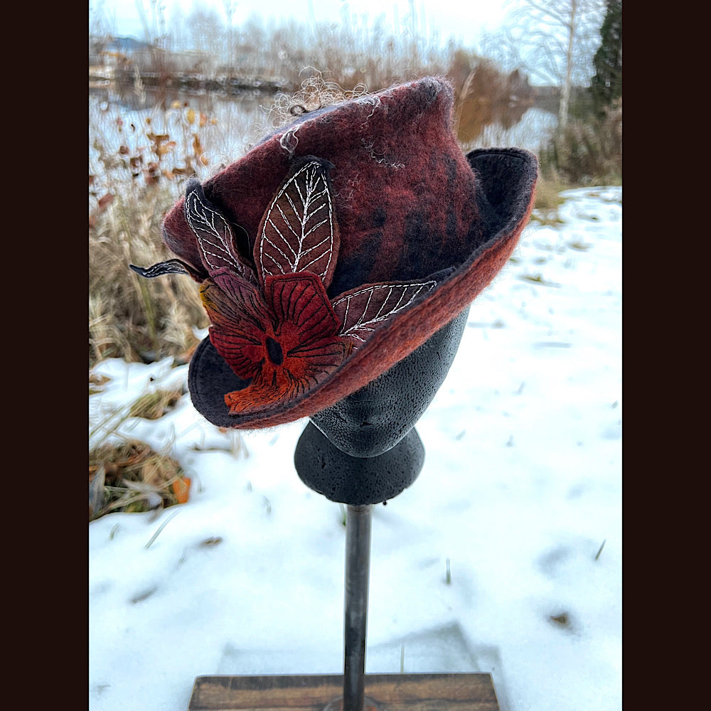 Felted top hat with rose 23” medium