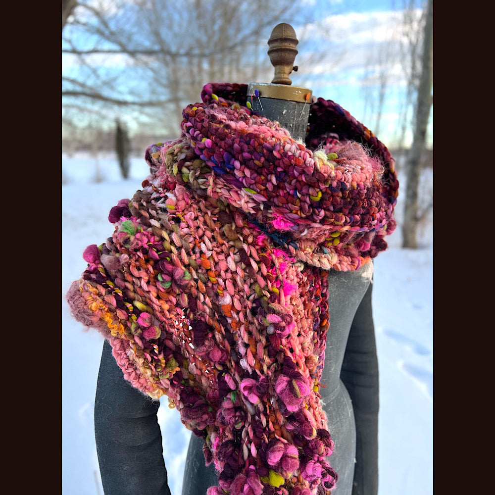Knitted scarf made of hand spun yarn Flower included 84” X 14”
