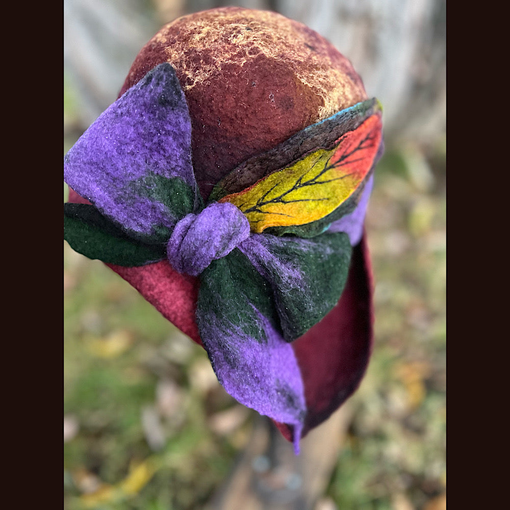 Felted cloche hat with leaves and bow 24” medium large