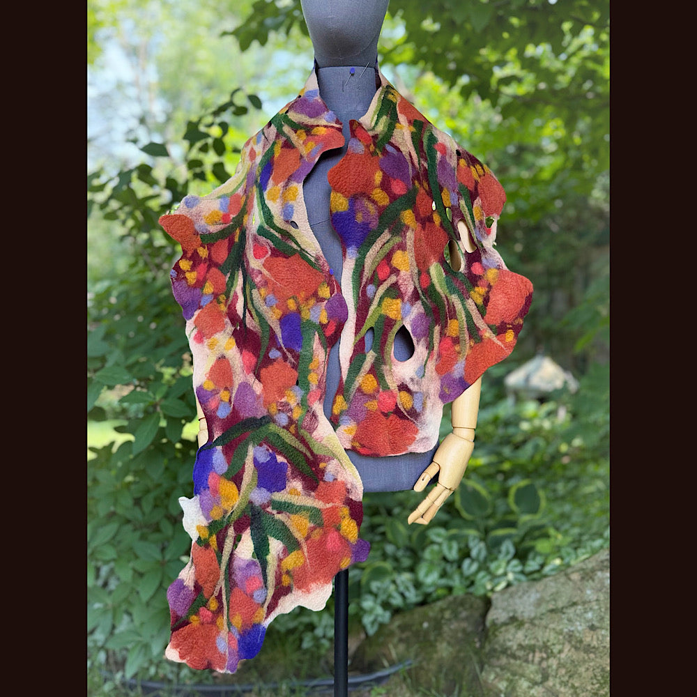 OOAK Handmade wool Felted Scarf 76” X 14” Original art work