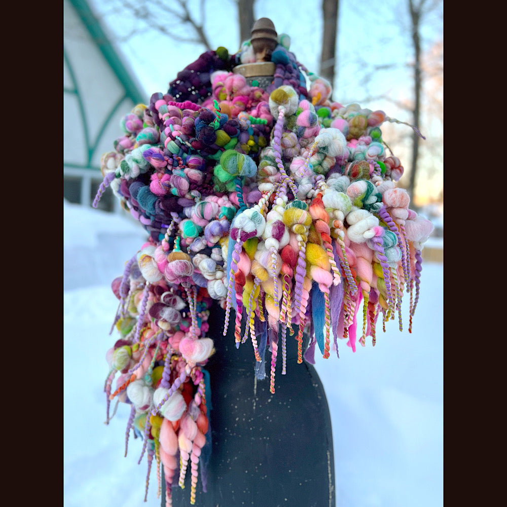 Frosted primroses woven art yarn Scarf 102” X 8” 1.6 pound!