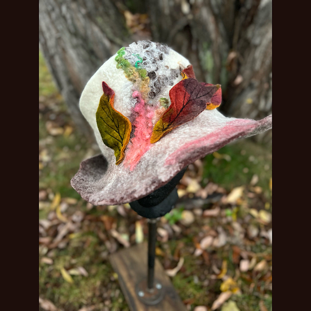 Felted top hat with leaves 23” medium
