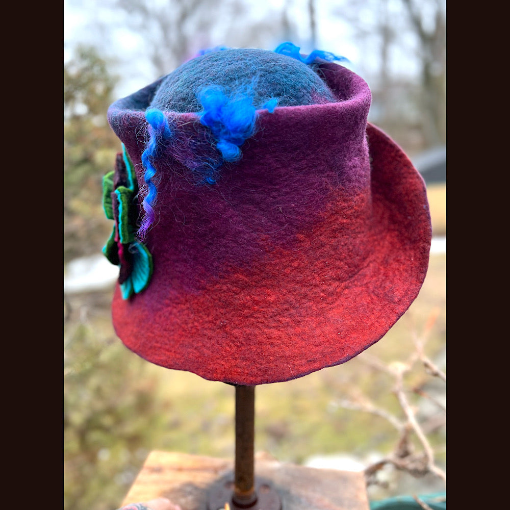 Felted top hat with flower 22” small