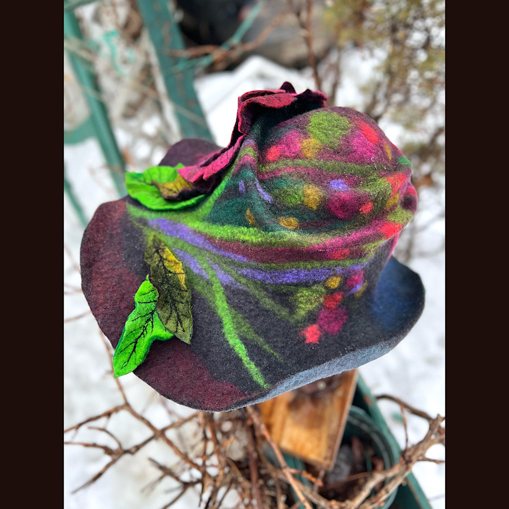 Felted top hat with rose 23” medium