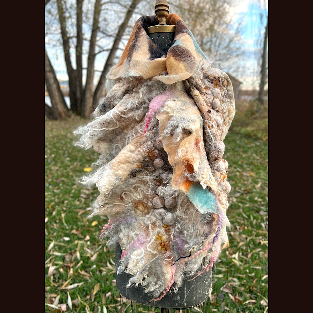 L’Esprit du bois 2024  felted shawl 72” X 22”