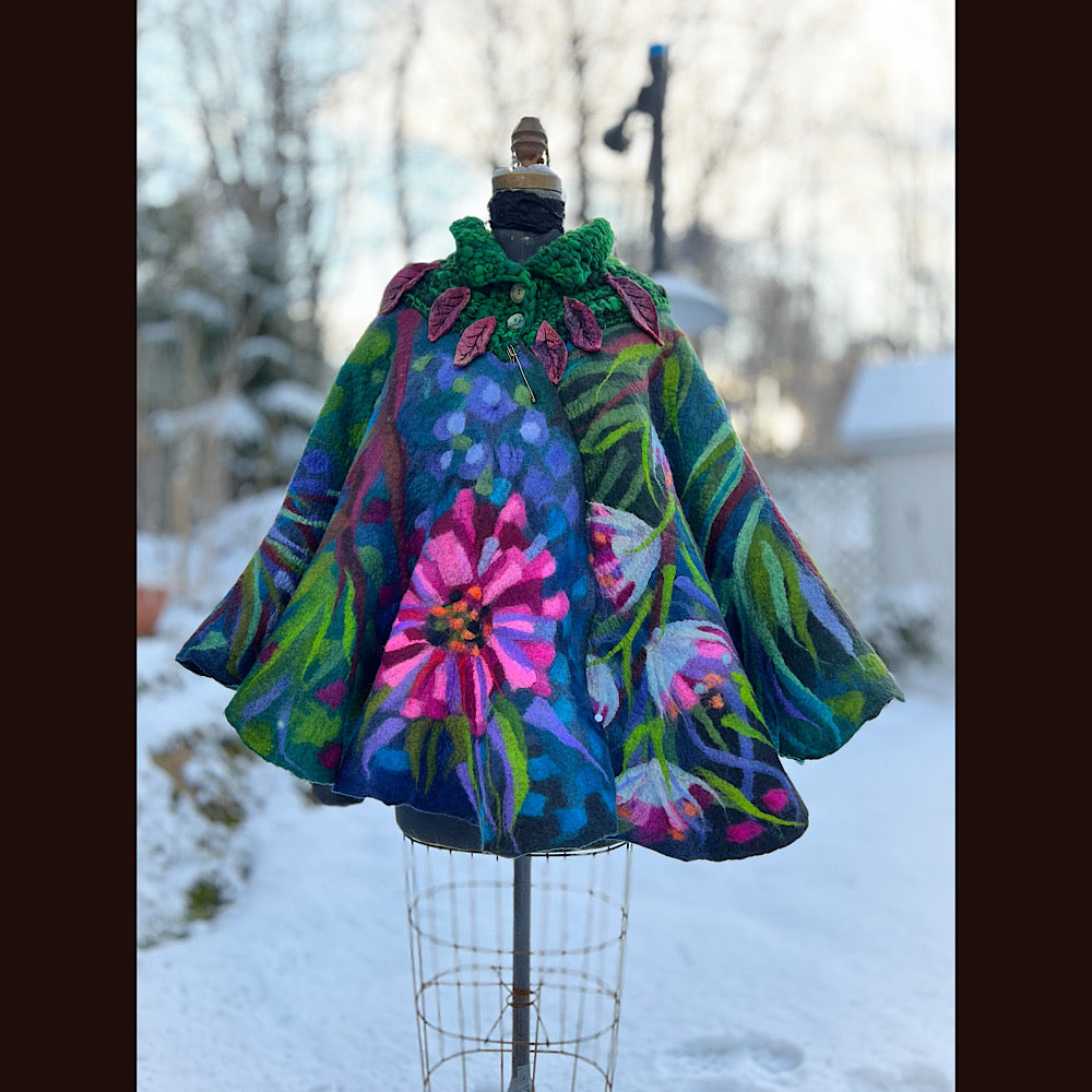 Felted cape coat with crochet collar
