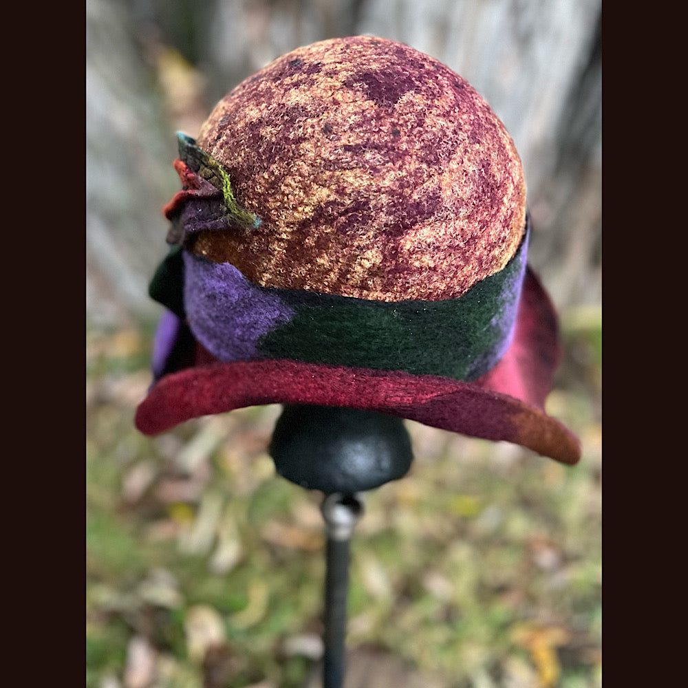 Felted cloche hat with leaves and bow 24” medium large