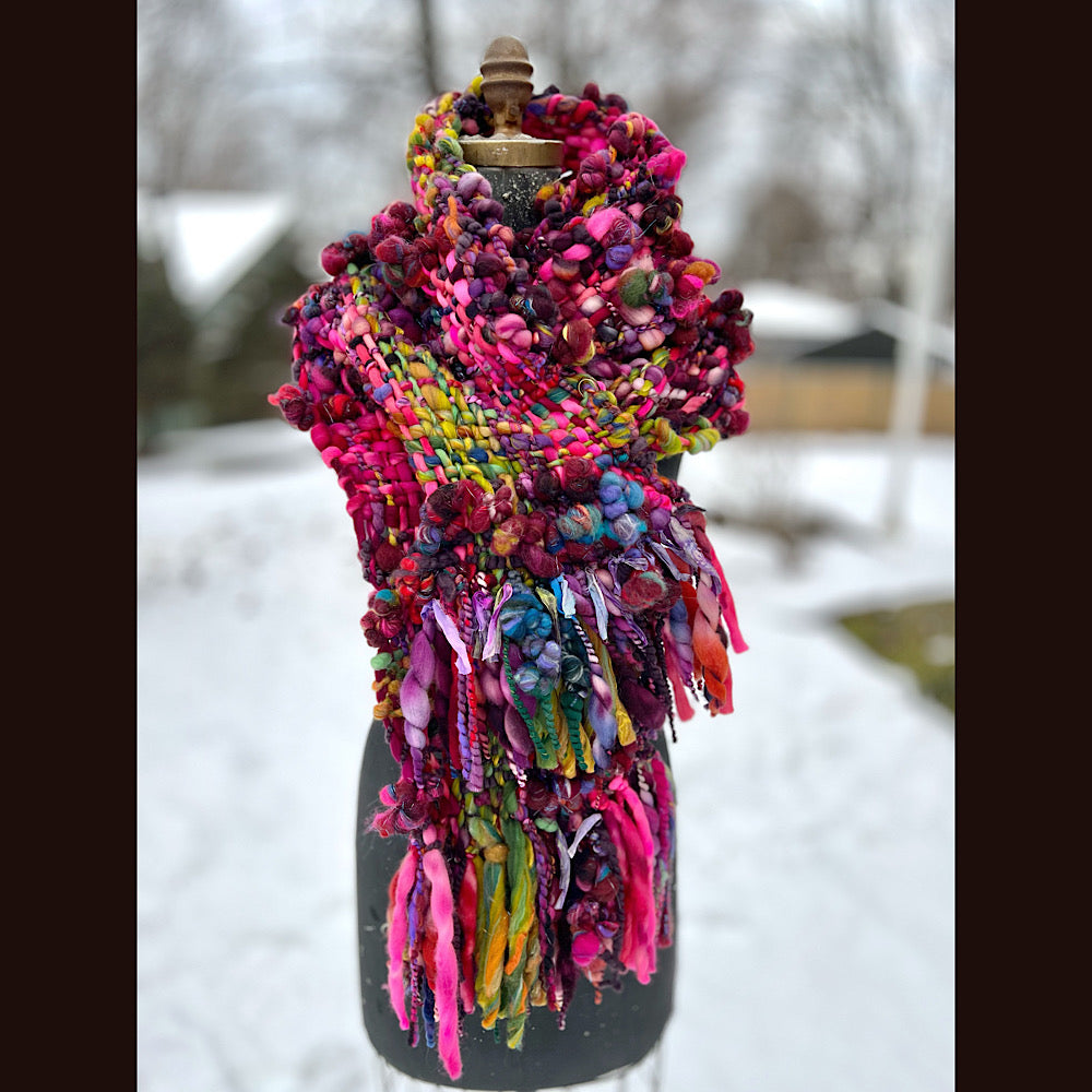 Happiness-  Woven art yarn Scarf 90” X 10”