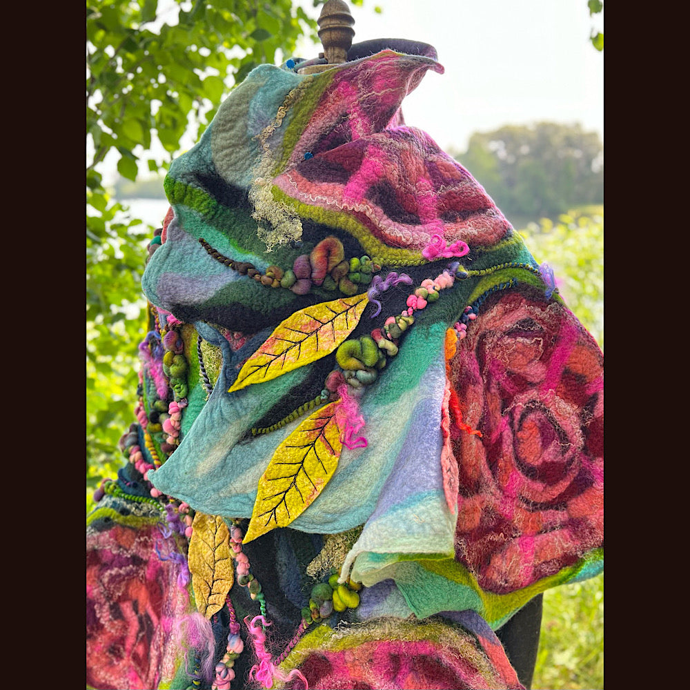 Wild Roses Large Felted Shawl 80” X 30”