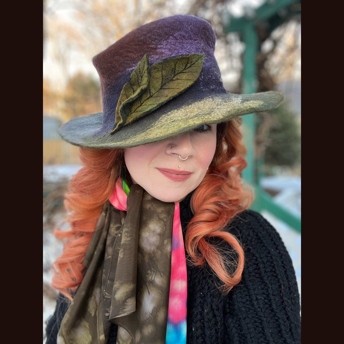 Felted top hat with leaves 23” 1/2 medium