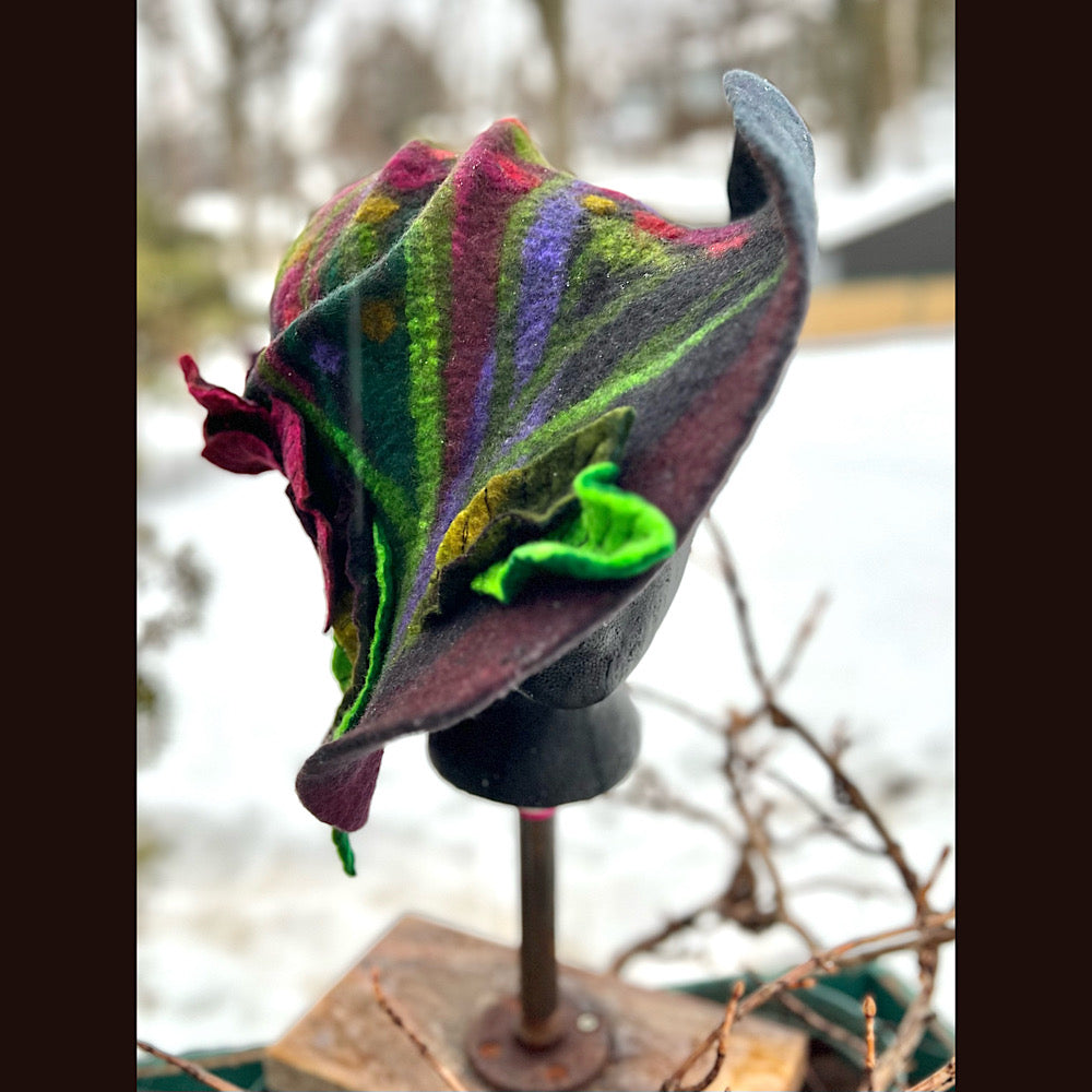 Felted top hat with rose 23” medium