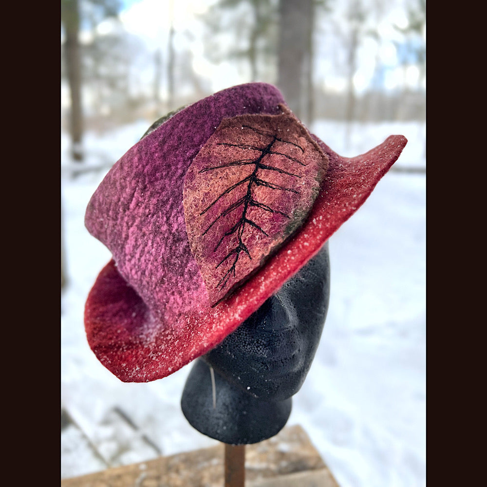 Felted top hat with leaf 23”