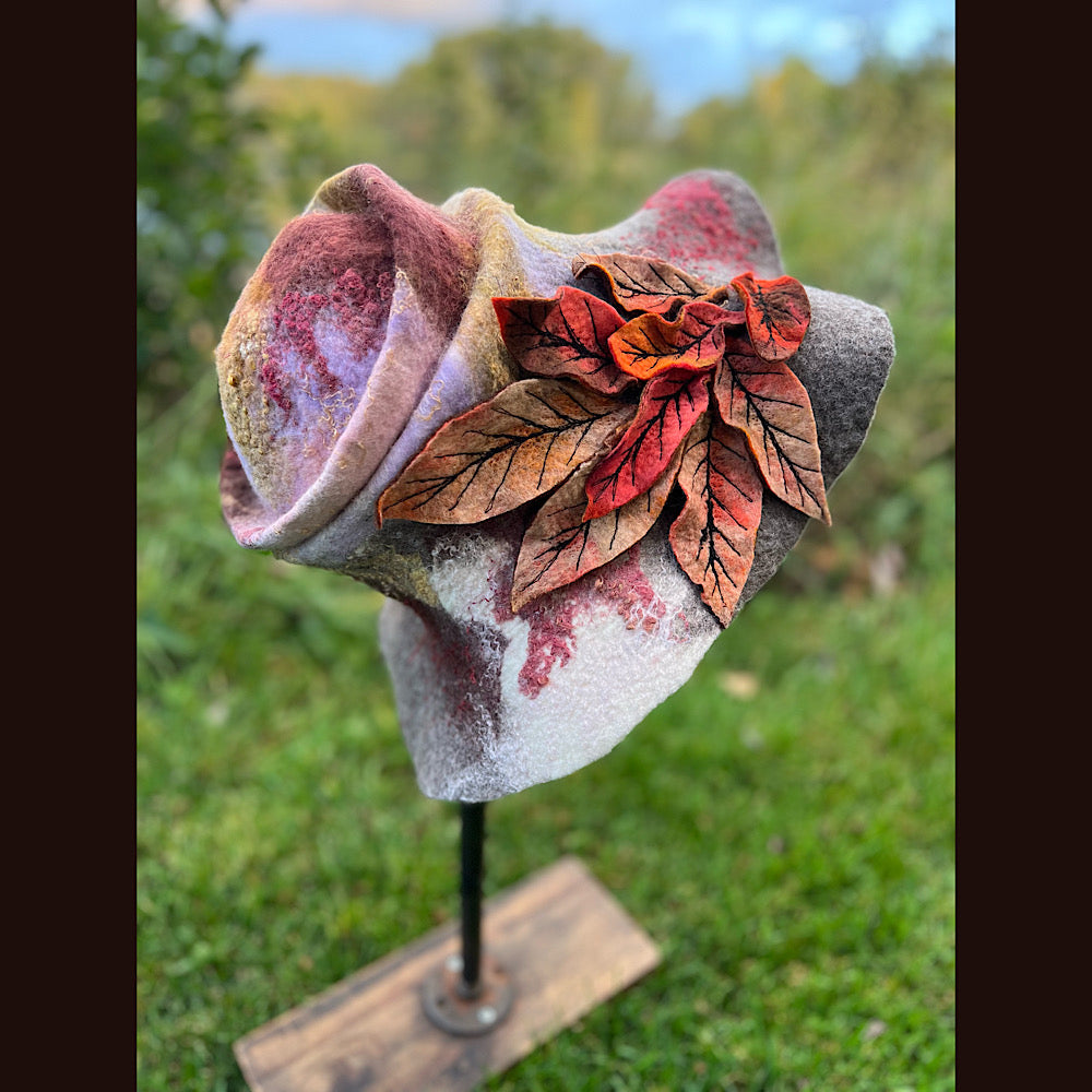 Felted top hat with leaves 24” medium large
