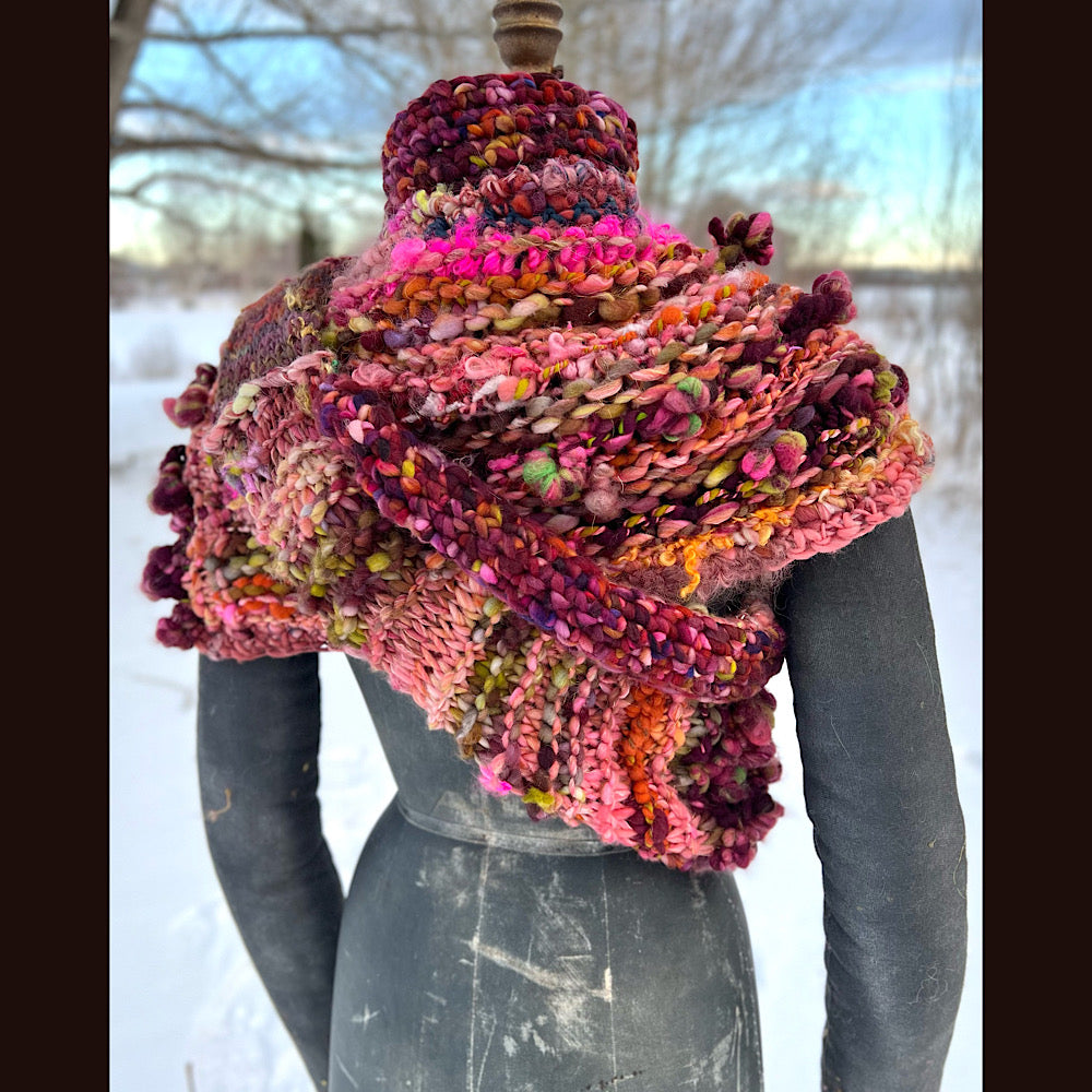 Knitted scarf made of hand spun yarn Flower included 84” X 14”
