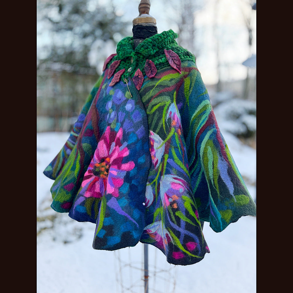 Felted cape coat with crochet collar