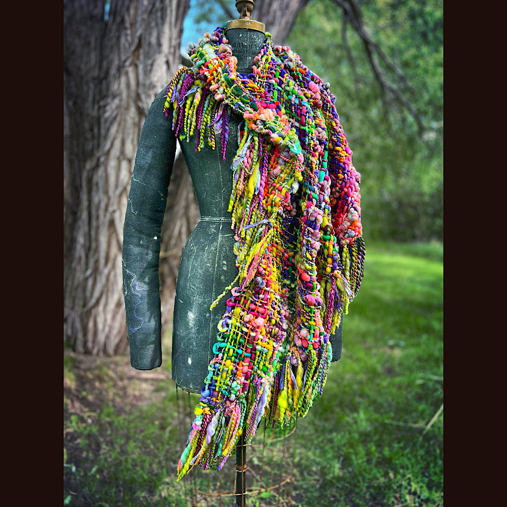 Rainbow warrior Woven shawl 82” X 36” 1 pound